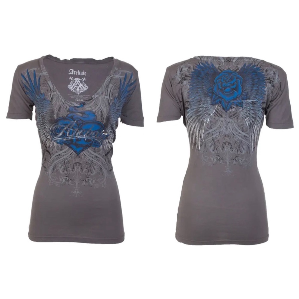 Archaic by Affliction Women's T-shirt Heartache Biker Tattoo